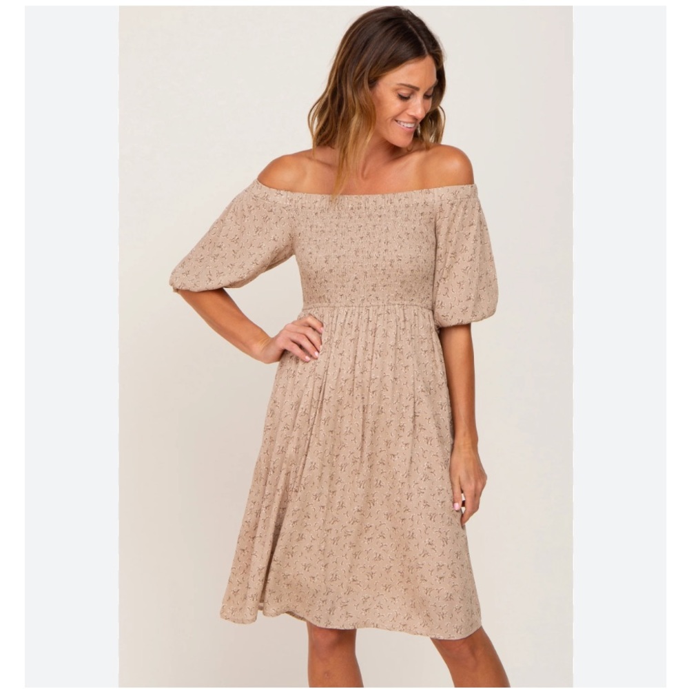 PinkBlush Taupe Floral Off Shoulder Puff Sleeve Dress